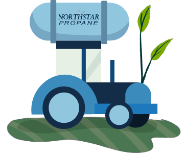 Light blue tractor and propane tank surrounded by green plants and grass