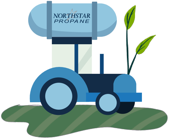 Light Blue propane tank on top of tractor surrounded by green grass and plants