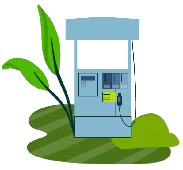Light gas station fuel dispenser surrounded by green grass, plants and bushes