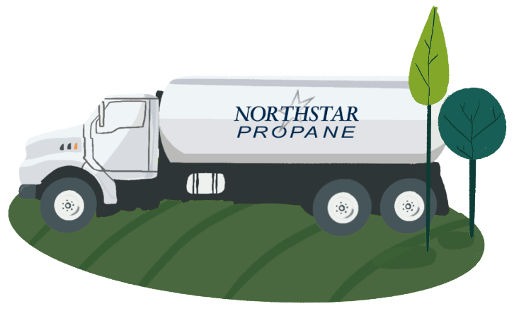Propane tank semi truck in white and grey with Northstar Propane logo on tank surrounded by green gas and trees